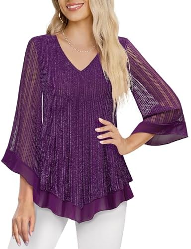 Lotusmile Ladies's Elegant Shirt with Double Layered Mesh, Ruffled 3/4 Flared Sleeves, Tunic Prime