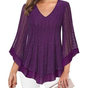 Lotusmile Ladies’s Elegant Shirt with Double Layered Mesh, Ruffled 3/4 Flared Sleeves, Tunic Prime